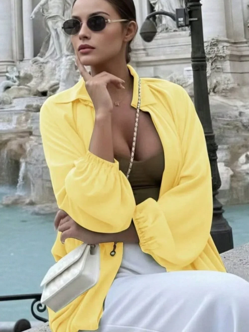 Yellow Casual Women's Puff Sleeve Bomber Jacket lightweight jacket